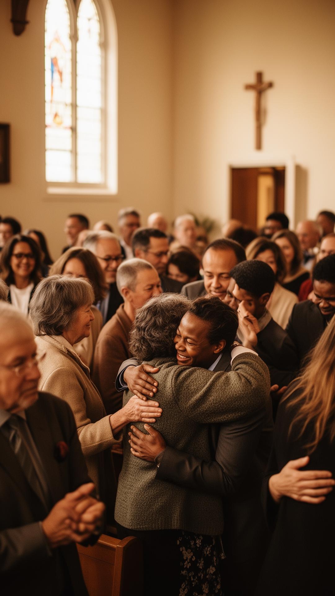 A church congregation embracing after a service