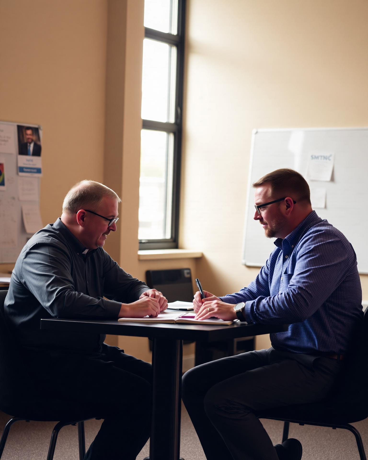 Pastor and consultant in focused conversation at a table