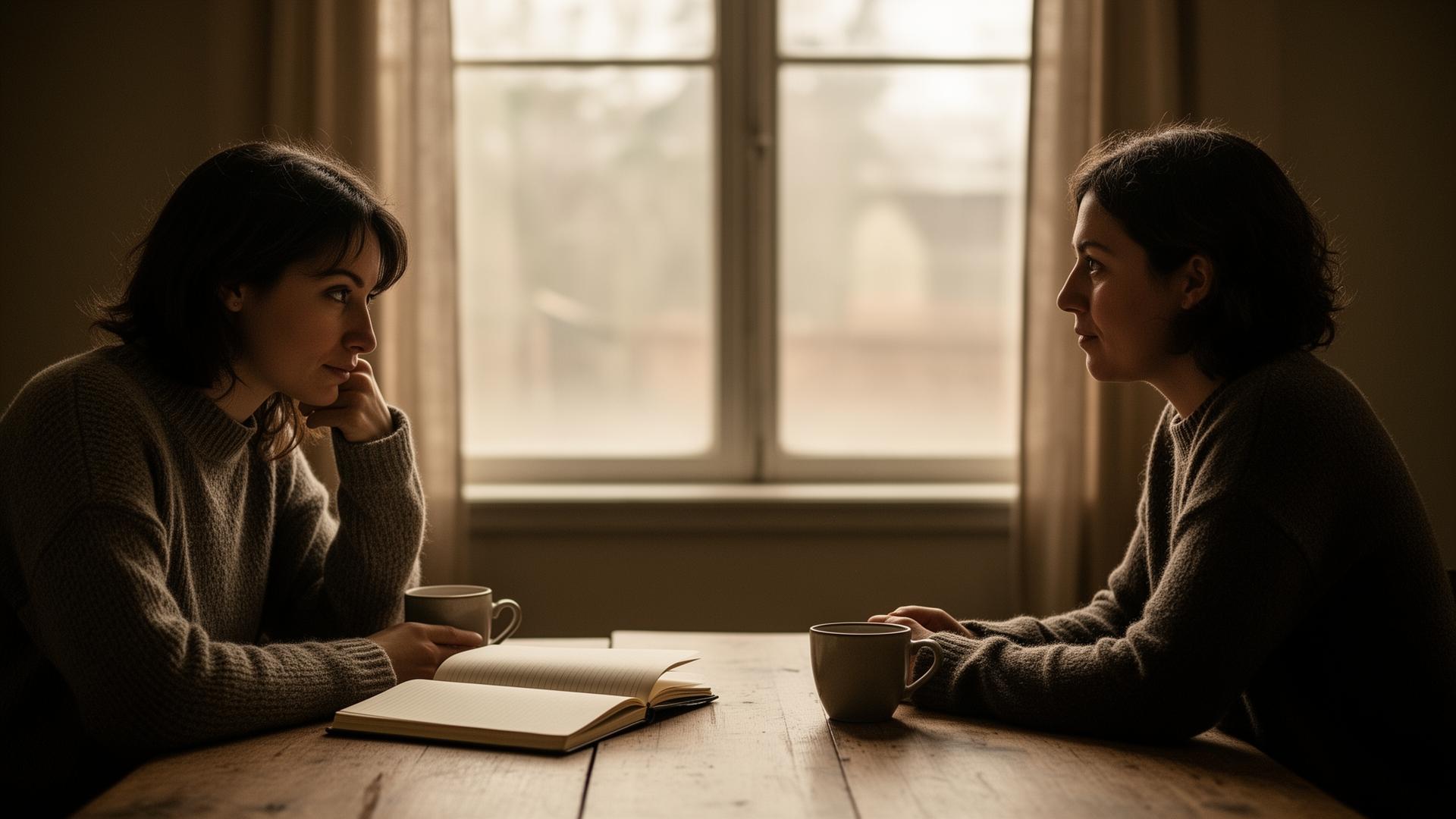Two people in honest conversation across a table